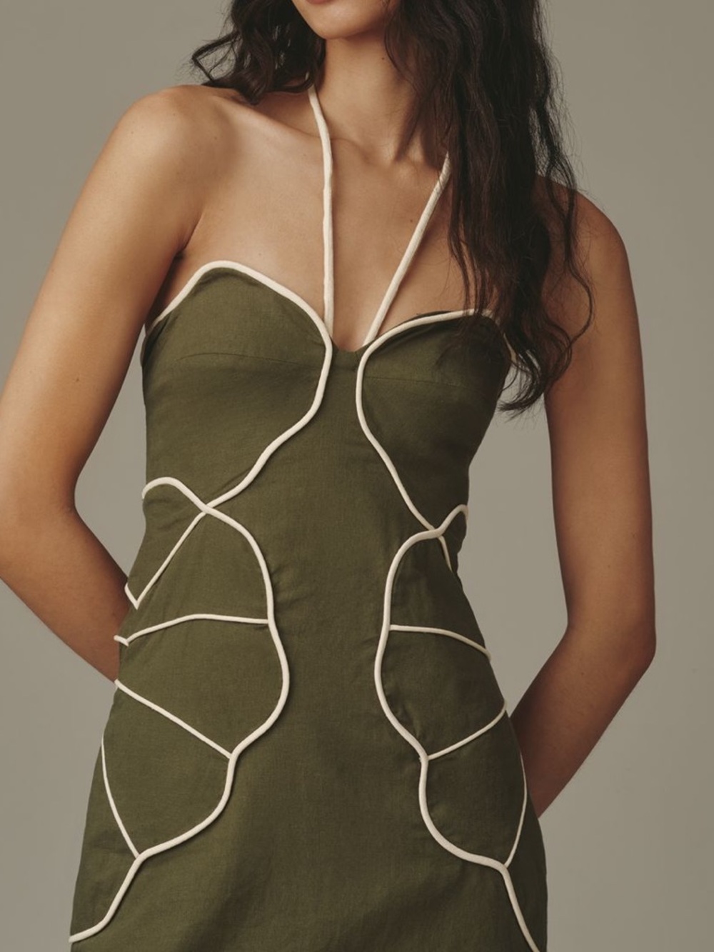 Farm Rio Linen Blend Wavy Mini Dress Small Green Halter - Picture 3 of 15